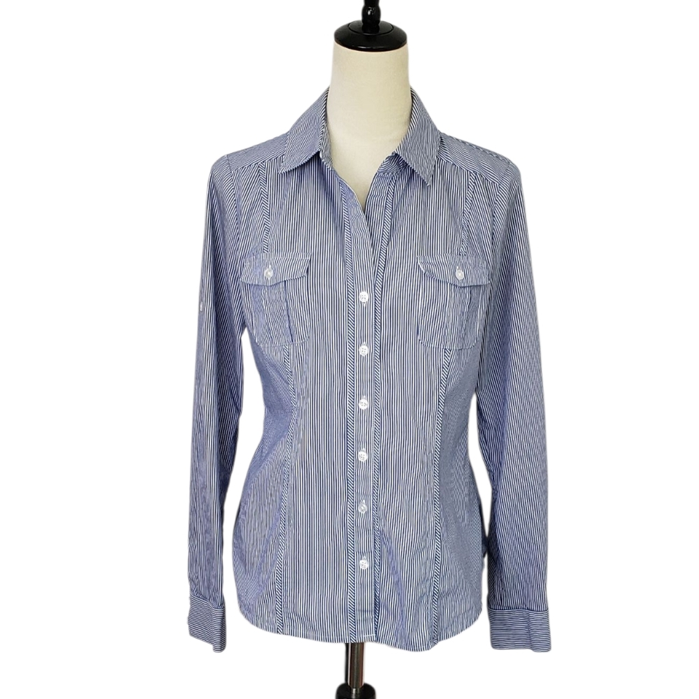 ⚪2/$20 White House Black Market Pinstripe Nautical Roll Tab Button Down Blouse